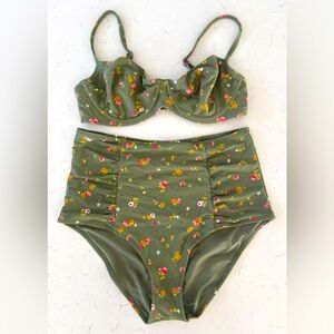 NWOT! Aerie Army Green Floral Print Bikini Set with High-Waisted Bottoms